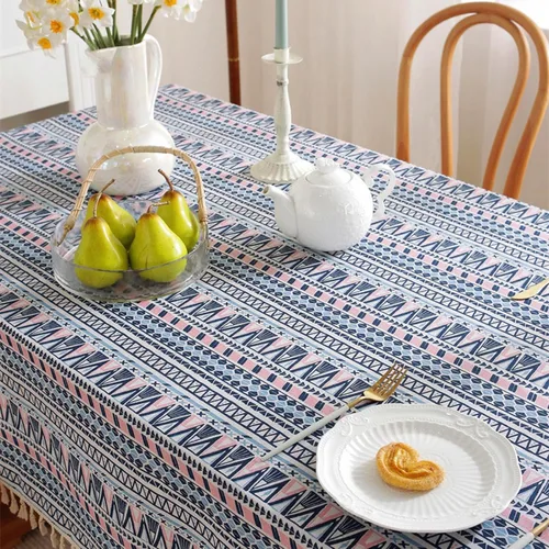 Miniatura 5 de Mantel bohemio de lino de algodón boheniano con borlas para mesas rectangulares, arpillera a rayas, cubierta de mesa de granja resistente a