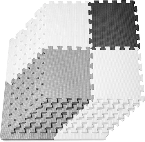 Miniatura 9 de ProSource Alfombra de espuma para rompecabezas para niños y bebés con colores sólidos, 36 o 16 azulejos encajables con bordes, Negro/Gris/Blanco