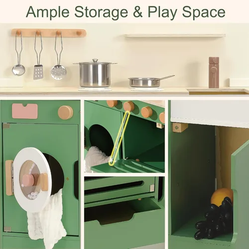 Miniatura 4 de Cocina de madera para niños con lavadora 2 en 1 Montessori Juego de juego de simulación con fregadero y horno, regalo para niños y niñas a partir