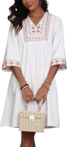 Miniatura 5 de Higustar Mini vestidos de verano de algodón blanco para mujer, estilo mexicano, estilo bohemio, vestido tipo babydoll para mujer