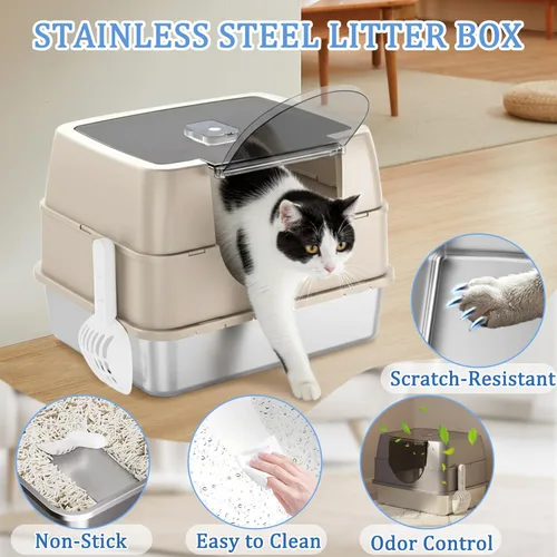 Miniatura 9 de Caja de arena cerrada para gatos con tapa abatible, caja de arena grande cubierta de acero inoxidable, bandeja de arena de metal de alta cara