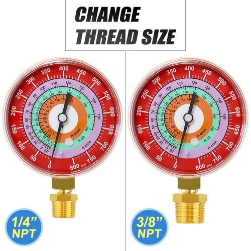 Miniatura 3 de MEANLIN MEASURE Medidor de presión de refrigeración, 1/8" NPT, 0-800Psi, 2-3/4" dial, R-404A, R-22, R-410A, grado F, con 1/4" NPT y 3/8" NPT buje