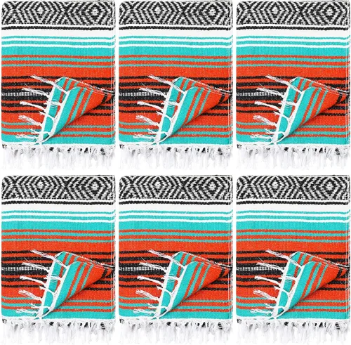 Miniatura 9 de 6 mantas mexicanas a granel de yoga auténtico, manta mexicana de sarape mexicano, manta grande de falsa a rayas coloridas con flecos para acampar al