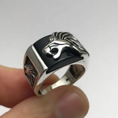 Miniatura 2 de Anillo de plata de ley 925K con motivo de león y piedra de ónix para hombre, Plata
