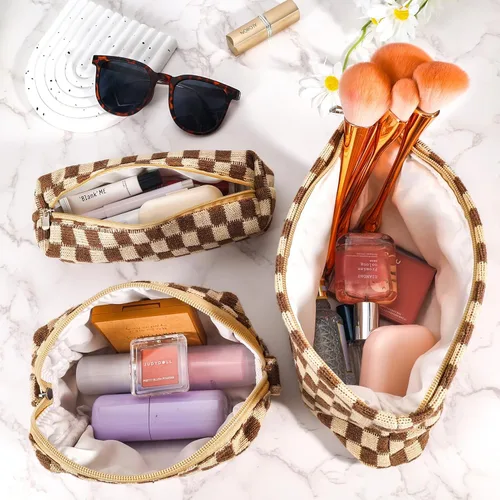 Miniatura 2 de ZLFSRQ Bolsa de maquillaje a cuadros para mujer, grande y pequeña, juego de bolsa de cosméticos a cuadros, bolsas de aseo de viaje, bolsa