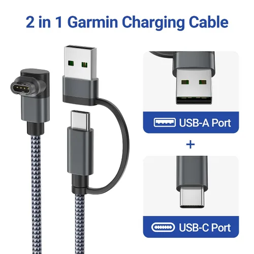 Miniatura 2 de Itramax Cable de carga USB C 2 en 1 para Garmin Watch de 4 pies, cable de alimentación de carga USB para Garmin Fenix 8 E 7 7X 7S 6 Solar