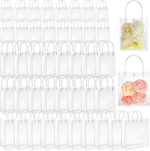 Miniatura 14 de LEIFIDE 50 bolsas de regalo de plástico transparente con asas PVC reutilizables, bolsas de lona transparentes para golosinas, cumpleaños, fiesta