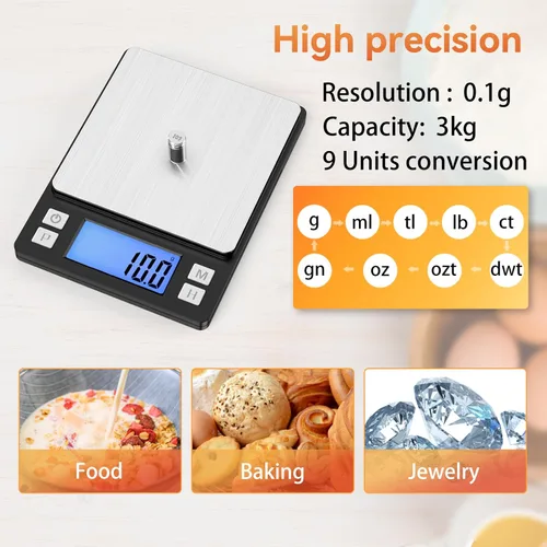 Miniatura 4 de BOMATA Báscula de cocina digital mejorada, 0.1 g/0.001 oz de alta precisión, 3000 g/6.6 lb, con nueva función de retención y pantalla más grande