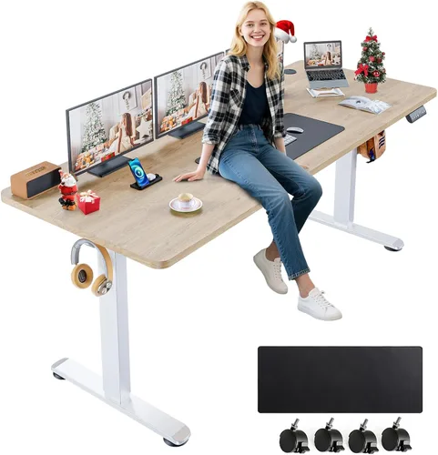 Miniatura 18 de farexon Escritorio eléctrico de pie de altura ajustable, escritorio de pie de 55 x 24 pulgadas con alfombrilla grande para el mouse, ruedas Negro