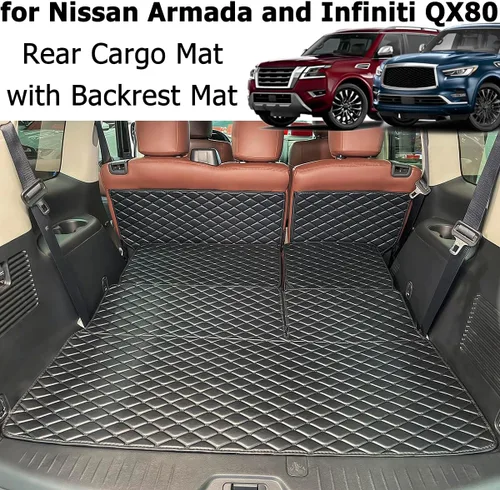 Miniatura 2 de para 2017-2024 Nissan Armada / 11-13 Infiniti QX56 / 2014-2024 QX80 Alfombra de maletero y fundas de respaldo trasero para 2ª+3ª fila (5 piezas)