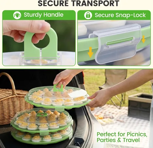 Miniatura 3 de HANSGO - Recipientes para huevos rellenos con tapa, 3 piezas, bandejas portaplatos para huevos rellenos con 66 ranuras para fiestas y cocinas, verde