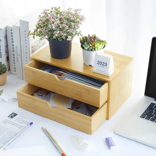 Miniatura 2 de Organizador de escritorio de bambú con cajones, cajones de mostrador, 2 cajones, caja de almacenamiento de esquina para escritorio, organizador