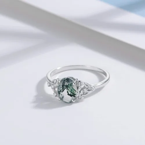 Miniatura 5 de MUUYON Anillo de compromiso de ágata musgo natural para mujer, oro real sólido de 14 quilates, ágata musgo, anillo de compromiso de novia con ágata
