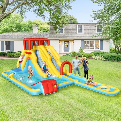 Miniatura 4 de BOUNTECH Tobogán acuático inflable, toboganes de surf duales para niños, parque de toboganes de agua, castillo inflable con 2 anillos de natación