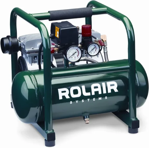 Rolair JC10 1 HP compresor de aire sin aceite con protección de sobrecarga y RPM bajas para funcionamiento silencioso.