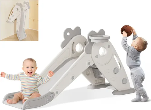 Miniatura 9 de BIERUM Tobogán 4 en 1 para niños pequeños, tobogán infantil para patio de juegos interior y exterior, toboganes con aro de baloncesto y lanzamiento