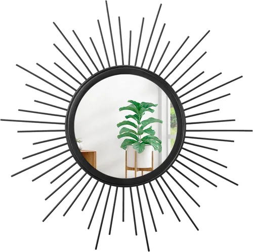 Miniatura 18 de Espejo de pared Sunburst negro con pequeños radios, espejo bohemio para el hogar, redondo, moderno, arte de pared de metal para sala de estar