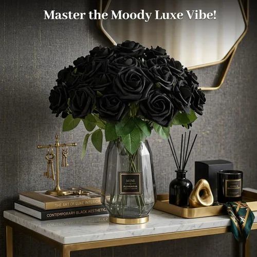 Miniatura 2 de JOHOUSE 20 rosas negras con tallo y 10 cabezas de rosas decorativas – Decoración gótica para el hogar y arreglos florales de boda centros de mesa