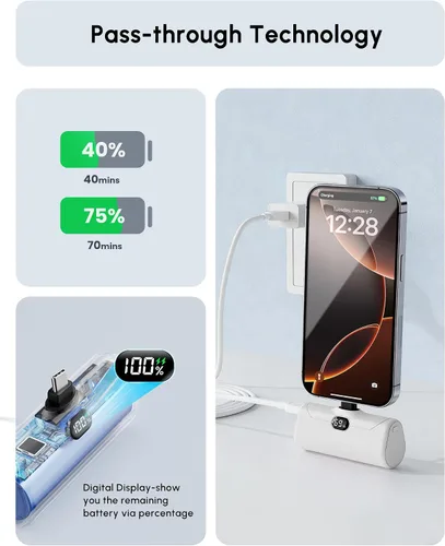 Miniatura 7 de Cargador de teléfono portátil USB C para iPhone 17 Pro Max, mini banco de energía de 5000 mAh con pantalla digital y soporte duradero para teléfonos