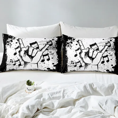 Miniatura 6 de Erosebridal Juego de sábanas de tamaño individual con temática musical, con estampado de notas musicales, juego de cama ajustable en blanco y negro