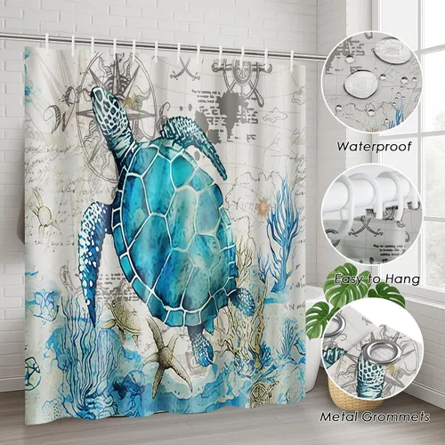 Miniatura 6 de Arttown Juego de baño azul marino con cortina de ducha y accesorios de alfombras, cortinas de ducha azul tortuga y gris, decoración de baño náutica