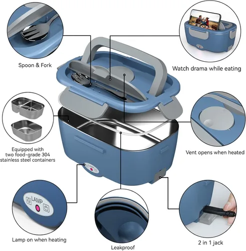 Miniatura 7 de Sitlais Lonchera eléctrica para adultos, calentador de alimentos portátil de calentamiento rápido con 2 recipientes de acero inoxidable 304 de 53