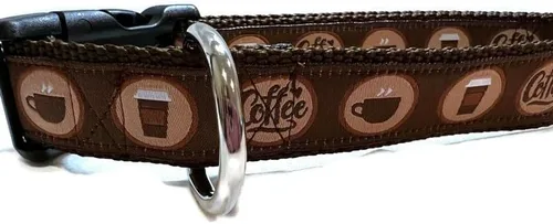 Miniatura 2 de Collar de perro café mediano – Collar marrón ajustable hecho a mano con estampado de café