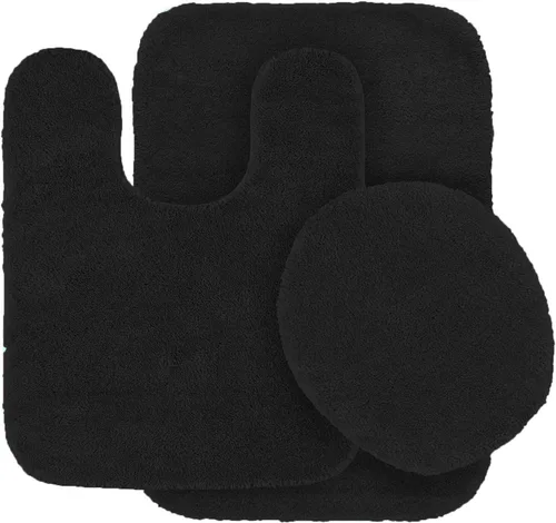 Juego de 3 alfombras de baño antideslizantes de color sólido para baño, alfombra de contorno en forma de U, tapete y cubierta para la tapa del Negro