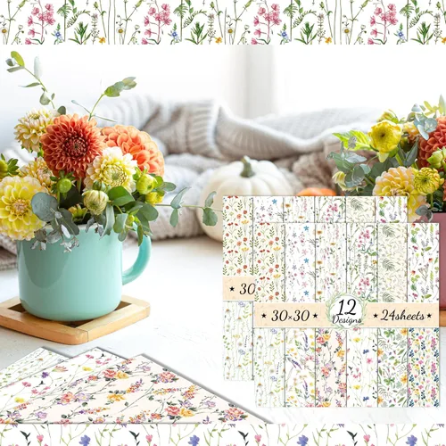 Miniatura 7 de Paquetes de papel con patrón floral, 24 hojas/12 diseños, papel de manualidades de doble cara, cartulinas de flores de primavera de acuarela