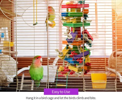 Miniatura 6 de RUBY.Q Paquete de 2 juguetes grandes de loro, juguete de loro de pájaro de 20 pulgadas, juguetes multicolor de madera natural para masticar pájaros