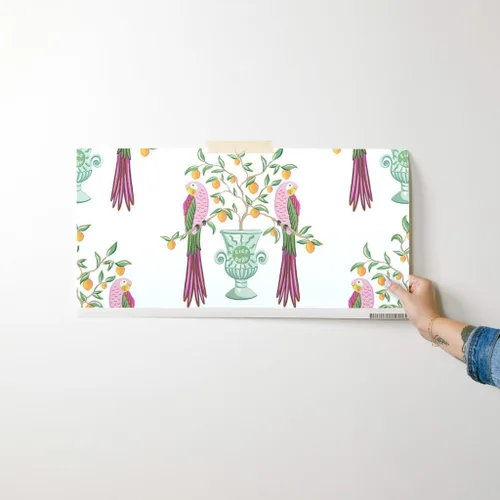 Miniatura 7 de Muestra de papel tapiz extraíble – Pájaros botánicos tropicales loro cítrico floral caprichoso vid hojas naranja limón italiano personalizado