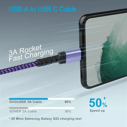 Miniatura 2 de Cable de carga USB C, cable de alimentación para teléfono Android, paquete de 3 unidades, trenzado USB A a tipo C, cable de carga rápida