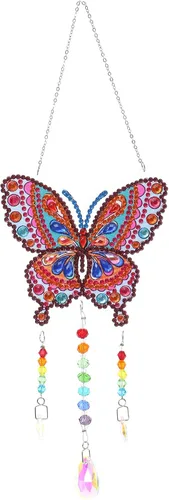 Campanillas de viento de animales con pintura de diamantes 5D, kits de pintura de diamante de mariposa por números, colgante con cadena para