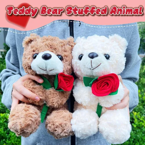 Miniatura 4 de Oso de peluche blanco de 9.84 pulgadas con flor para niñas y niños, bonito oso de peluche, regalos del día de San Valentín para novia, recuerdos