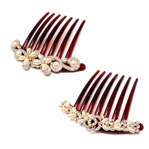 Honbay 2 peines laterales de 7 dientes para el cabello, con diamantes de imitación de perlas y diamantes de imitación florales, horquilla decorativa