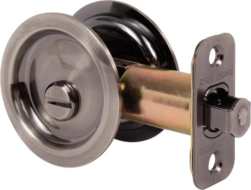 Miniatura 4 de Stone Harbor Hardware Cerradura de puerta de bolsillo redondo, función de privacidad, fondo de 2-3/8", níquel antiguo