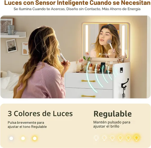 Miniatura 3 de Lvifur Escritorio de tocador 3 en 1 con espejo abatible y luces, tocador compacto con parte superior de vidrio con 3 cajones y taburete rodante