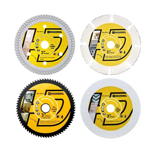 Miniatura 12 de HIGHDRIL Juego de hojas de sierra circular de 3" 75mm, 4 piezas - Disco de corte de diamante/HSS/TCT para amoladora angular para cortar metal