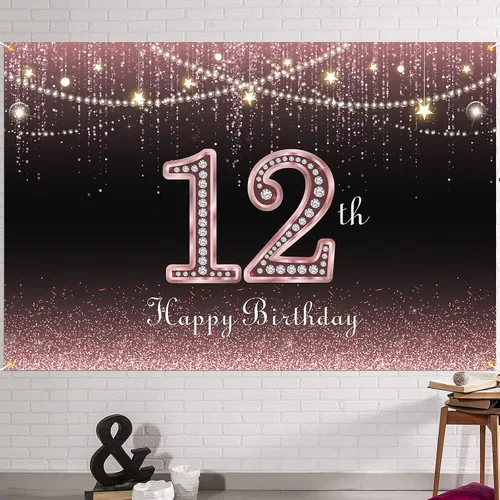 HAMIGAR Fondo de pancarta de feliz cumpleaños número 12 de 6 x 4 pies, decoraciones de cumpleaños de 12 años, suministros de fiesta para mujeres,