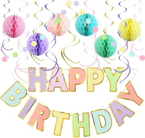 Kit de decoraciones de cumpleaños pastel - Set de 17 piezas con pancarta de feliz cumpleaños pre-hilada, bolas de panal, guirnalda y remolinos |
