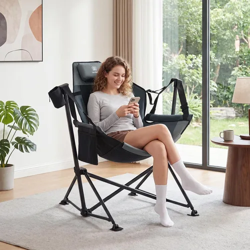 Miniatura 2 de EVER ADVANCED Hamaca acolchada para camping, silla columpio de gran tamaño resistente con portavasos desmontable, silla mecedora plegable portátil