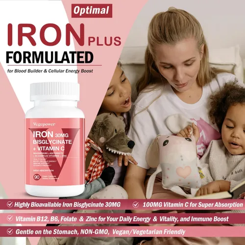 Miniatura 2 de Suplementos de hierro para mujeres y hombres, bisglicinato de hierro vegano 30mg más vitamina C, B12, ácido fólico - pastillas de hierro