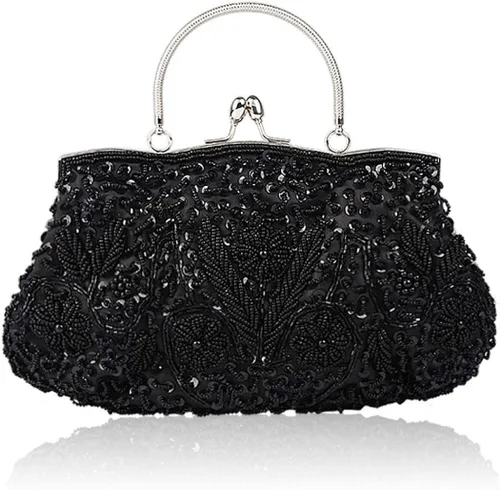 Vistatroy Bolso de noche de diseñador floral con cuentas con diseño de lentejuelas vintage con cerradura de besos bolso de mano de satén para boda y