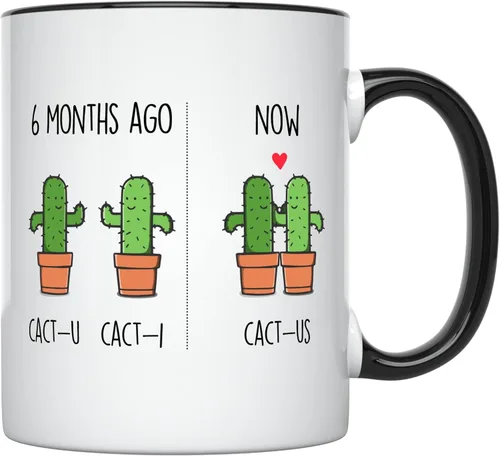 YouNique Designs Taza de 6 meses, 11 onzas, Divertido 6 Taza de café de meses para novio y novia, Taza de aniversario de citas (mango negro)