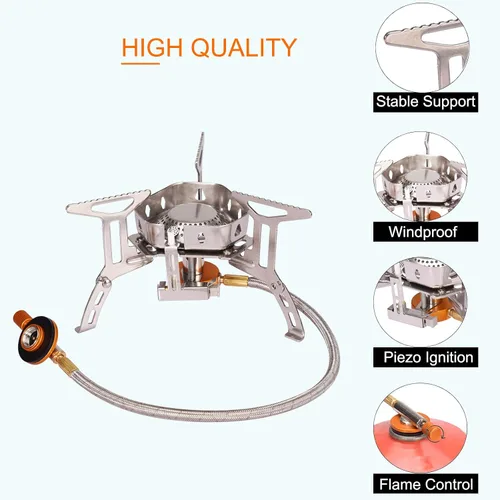 Miniatura 2 de Estufa portátil para mochileros con encendido piezoeléctrico a prueba de viento, estufa de gas para campamento, quemador plegable con adaptador
