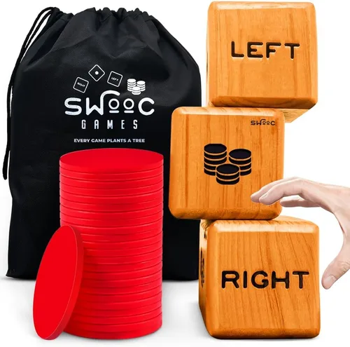 SWOOC Games® - Juego de dados gigantes, derecha, centro, izquierda (para cualquier clima) con 24 fichas grandes y bolsa de transporte - Juego de
