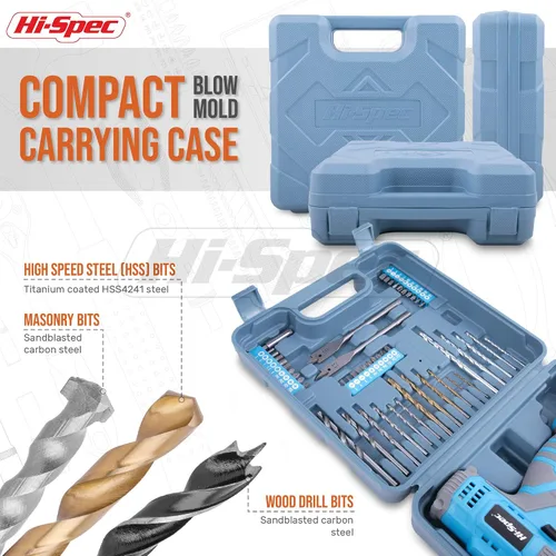 Miniatura 4 de Hi-Spec Juego de taladro inalámbrico de 50 piezas de 12 V en una caja de herramientas. Incluye batería recargable, puntas de destornillador