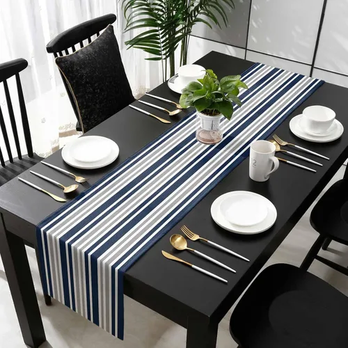 Miniatura 6 de Camino de mesa a rayas, color azul marino, gris, blanco, algodón, bufandas pequeñas de 36 pulgadas, para cocina, café, comedor, sofá, dormitorio