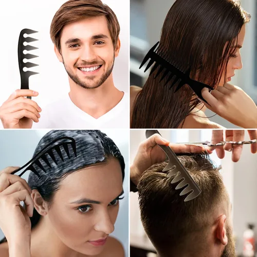 Miniatura 6 de Juego de peines para el cabello 4 en 1, dientes anchos, cola de doble cara, púa afro y peine de peluquero, negro, 4 estilos