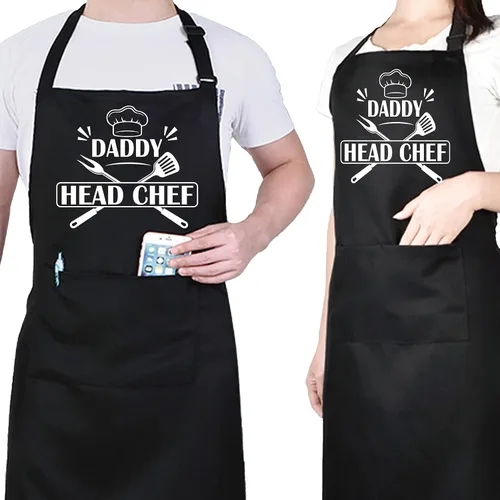 Miniatura 5 de CREATCABIN Delantales divertidos para hombre, delantal de barbacoa para asar a la parrilla, tamaño ajustable con 2 bolsillos grandes, Daddy Jefe